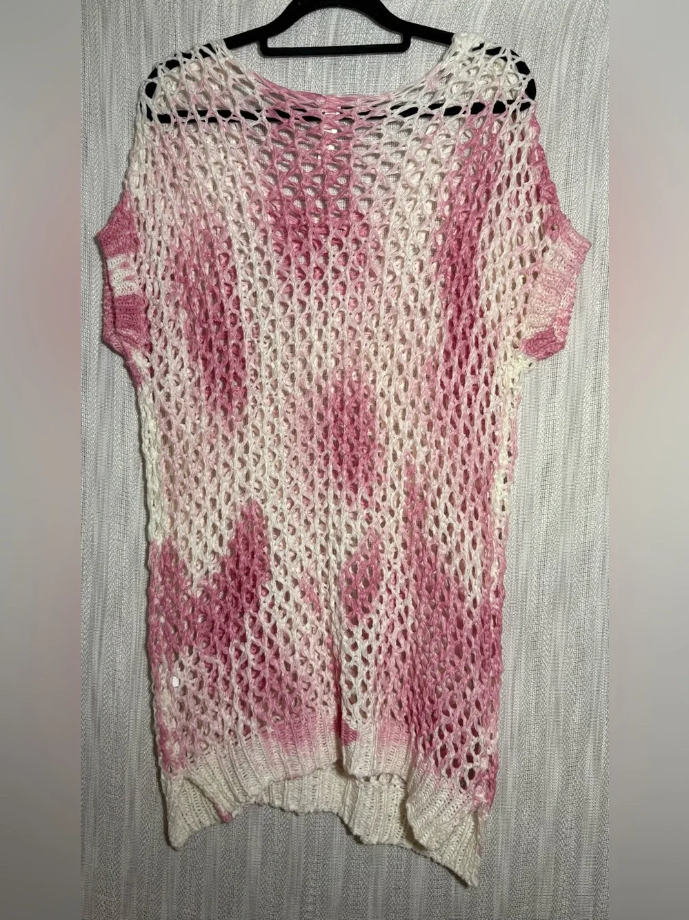 Pink & White Variegated Open Stitch Crochet Knit Short Sleeve Tunic Top